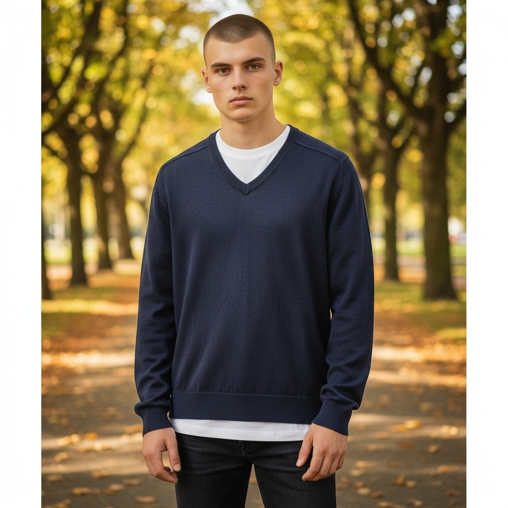 Brooks Brothers Red Fleece Sweater M Navy Blue Excellent V-Neck Knit Pullover
